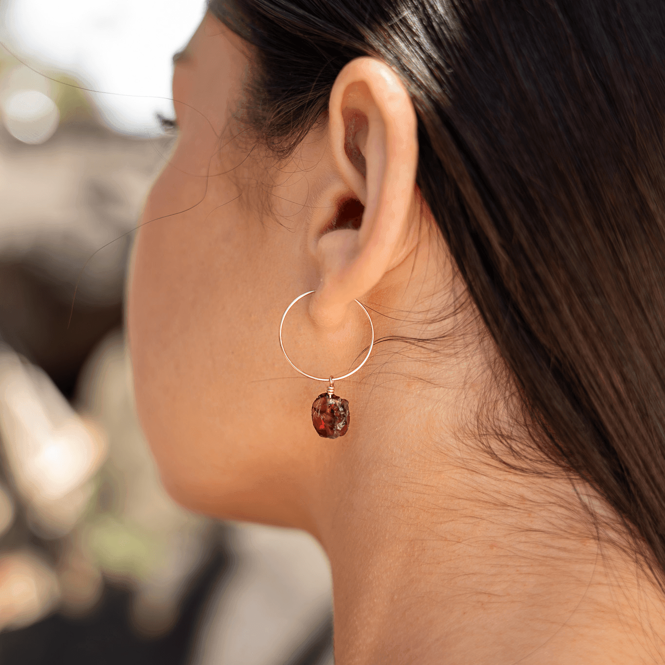 Raw Garnet Gemstone Dangle Hoop Earrings - Raw Garnet Gemstone Dangle Hoop Earrings - Sterling Silver - Luna Tide Handmade Crystal Jewellery