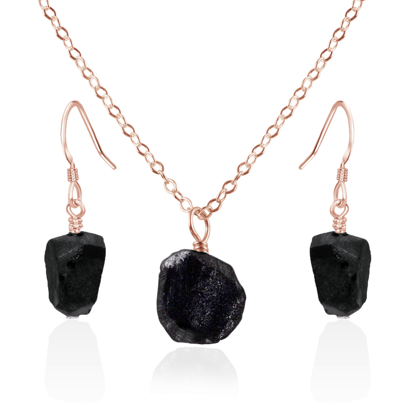 Raw Obsidian Crystal Earrings & Necklace Set - Raw Obsidian Crystal Earrings & Necklace Set - 14k Rose Gold Fill / Cable - Luna Tide Handmade Crystal Jewellery
