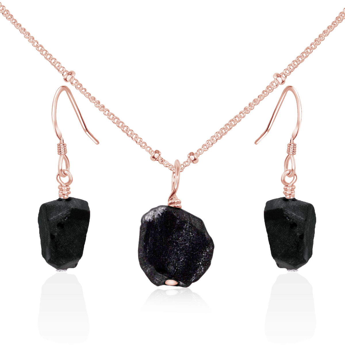 Raw Obsidian Crystal Earrings & Necklace Set - Raw Obsidian Crystal Earrings & Necklace Set - 14k Rose Gold Fill / Satellite - Luna Tide Handmade Crystal Jewellery