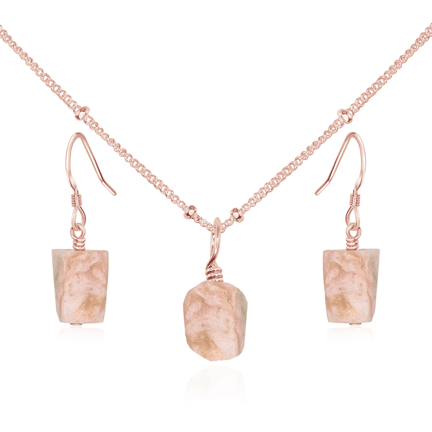 Raw Pink Peruvian Opal Crystal Jewellery Set - Raw Pink Peruvian Opal Crystal Jewellery Set - 14k Rose Gold Fill / Satellite / Necklace & Earrings - Luna Tide Handmade Crystal Jewellery