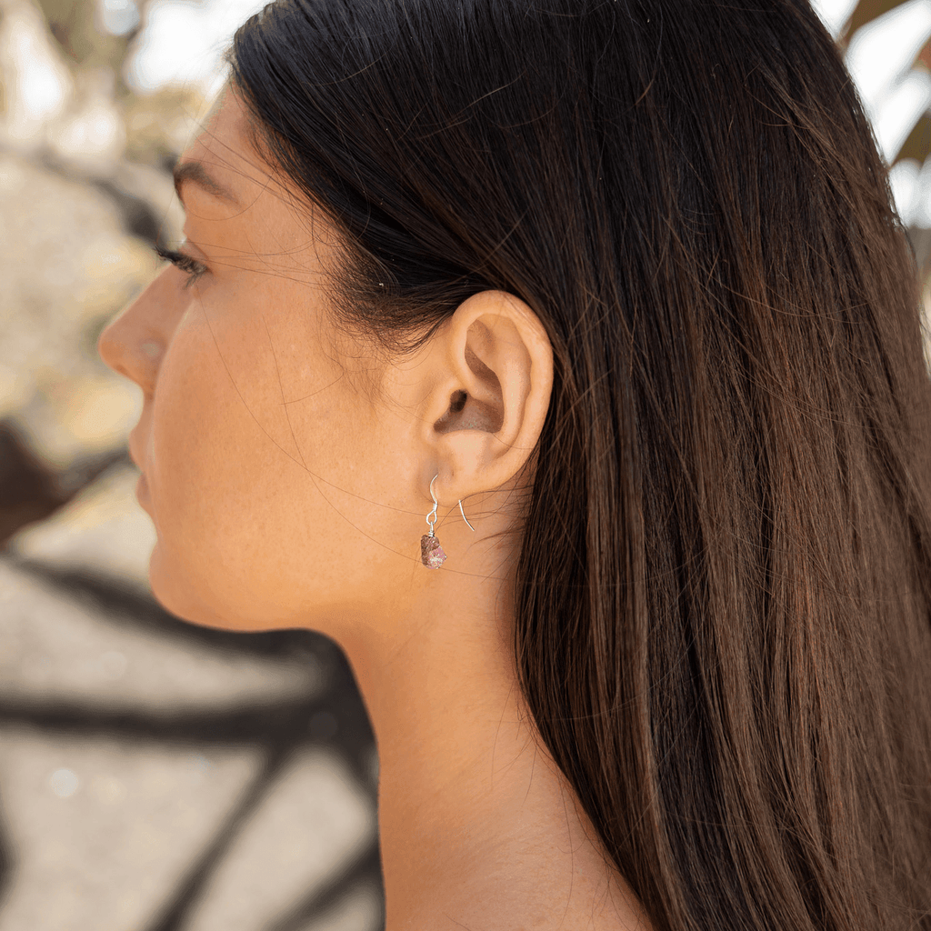 Raw Pink Tourmaline Crystal Dangle Drop Earrings - Raw Pink Tourmaline Crystal Dangle Drop Earrings - Sterling Silver - Luna Tide Handmade Crystal Jewellery