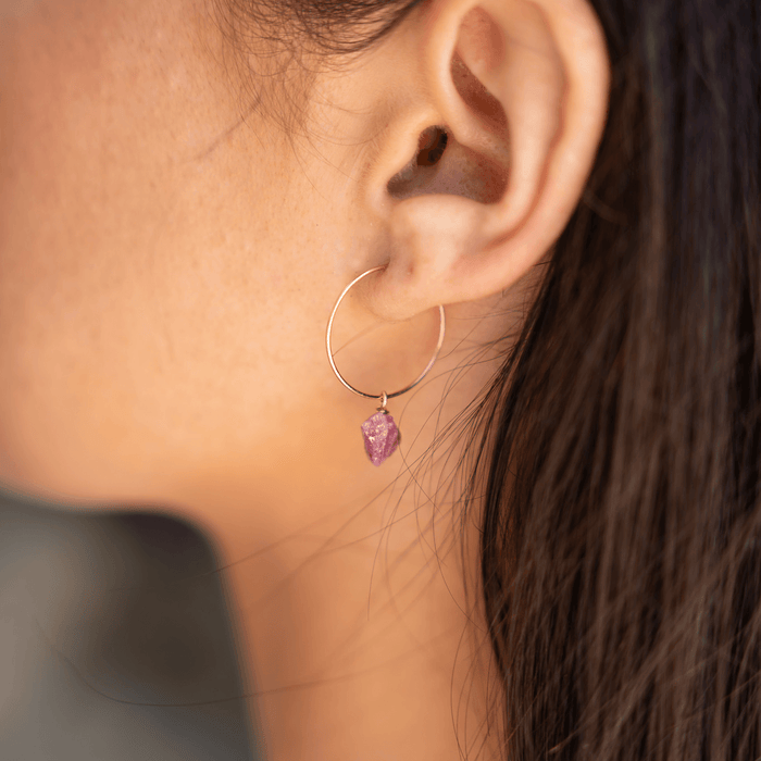 Raw Pink Tourmaline Gemstone Dangle Hoop Earrings - Raw Pink Tourmaline Gemstone Dangle Hoop Earrings - 14k Gold Fill - Luna Tide Handmade Crystal Jewellery