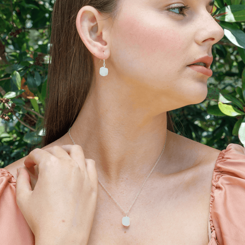 Raw Rainbow Moonstone Crystal Earrings & Necklace Set - Raw Rainbow Moonstone Crystal Earrings & Necklace Set - Sterling Silver / Cable - Luna Tide Handmade Crystal Jewellery