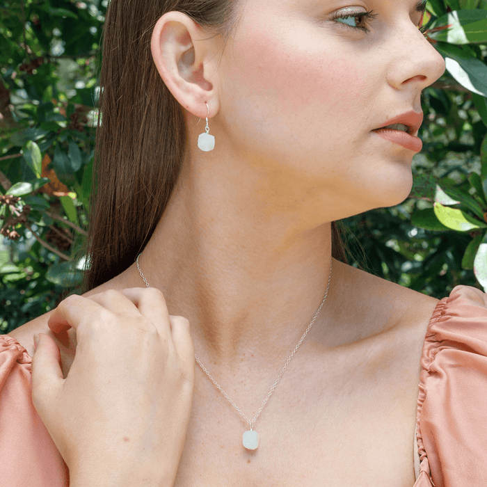Raw Rainbow Moonstone Crystal Earrings & Necklace Set - Raw Rainbow Moonstone Crystal Earrings & Necklace Set - Sterling Silver - Luna Tide Handmade Crystal Jewellery