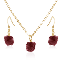 Raw Ruby Crystal Earrings & Necklace Set - Raw Ruby Crystal Earrings & Necklace Set - 14k Gold Fill / Cable - Luna Tide Handmade Crystal Jewellery