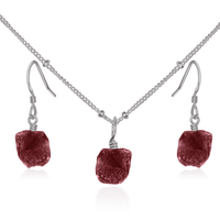 Raw Ruby Crystal Earrings & Necklace Set - Raw Ruby Crystal Earrings & Necklace Set - Stainless Steel / Satellite - Luna Tide Handmade Crystal Jewellery