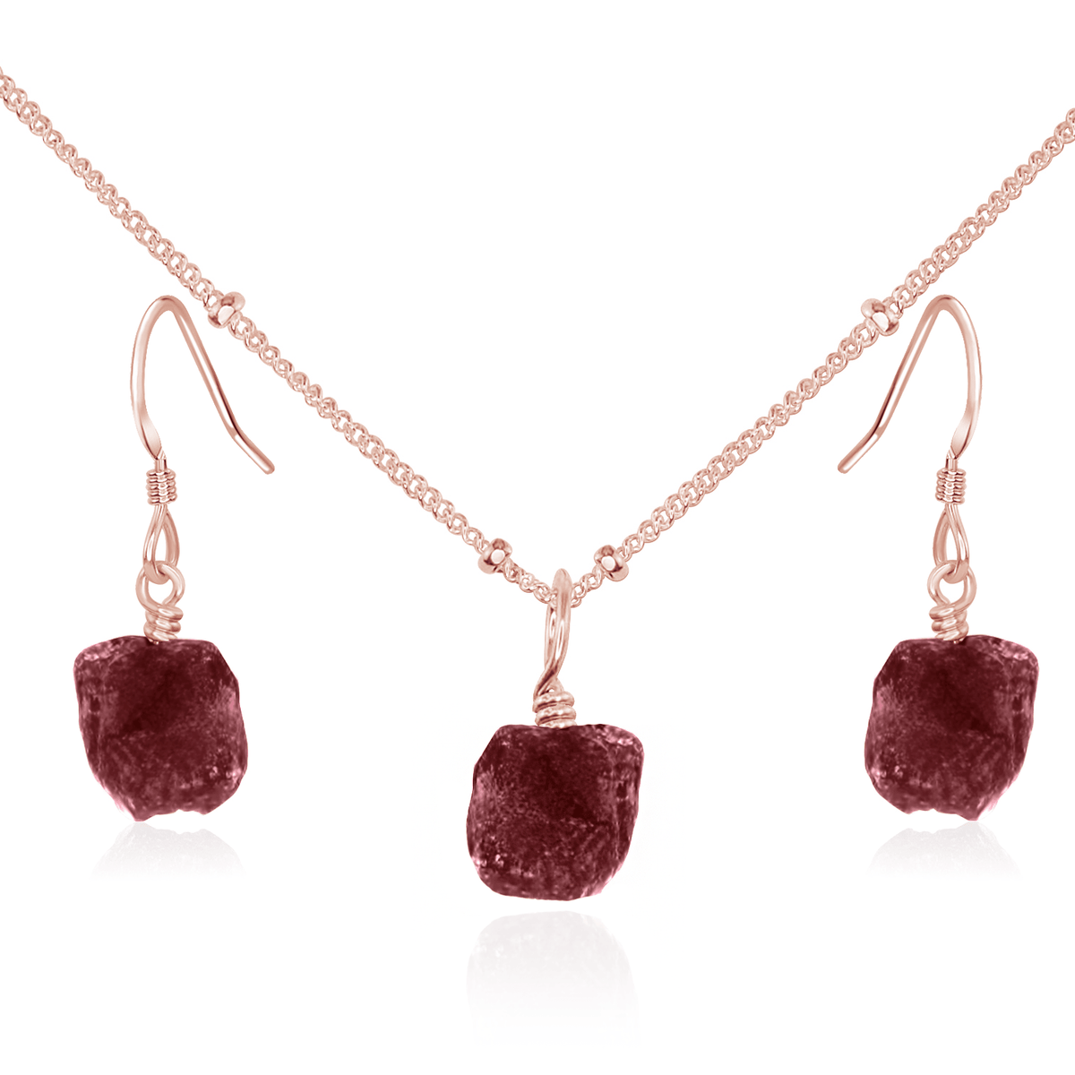 Raw Ruby Crystal Earrings & Necklace Set - Raw Ruby Crystal Earrings & Necklace Set - 14k Rose Gold Fill / Satellite - Luna Tide Handmade Crystal Jewellery