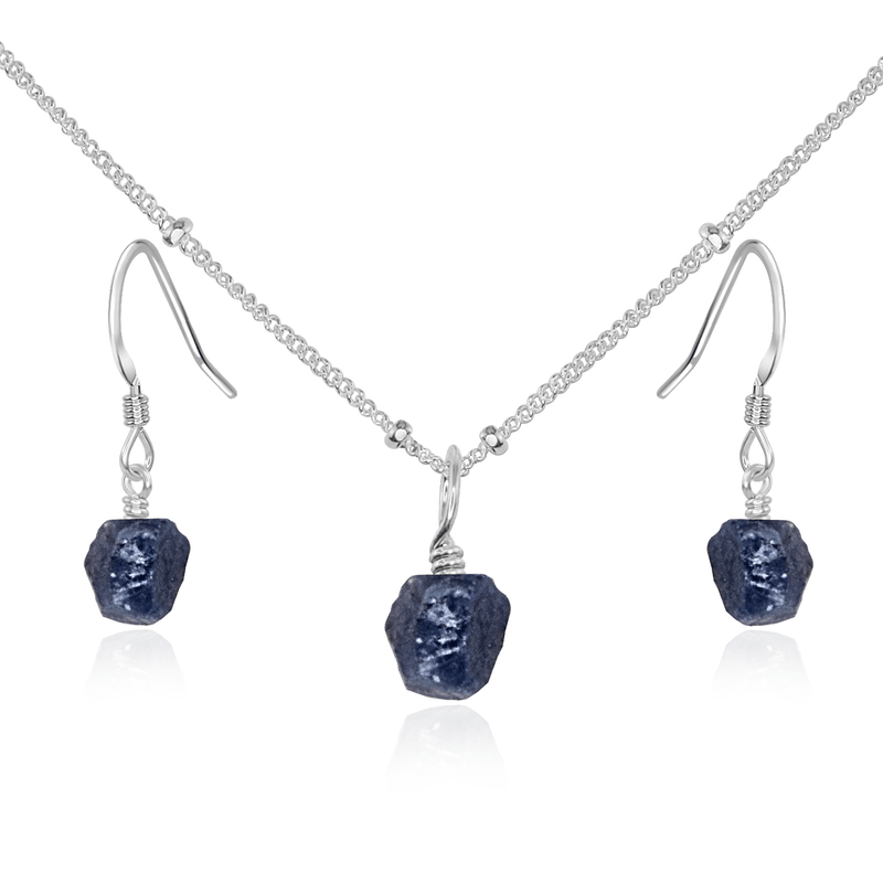 Raw Sapphire Crystal Earrings & Necklace Set - Raw Sapphire Crystal Earrings & Necklace Set - Sterling Silver / Satellite - Luna Tide Handmade Crystal Jewellery