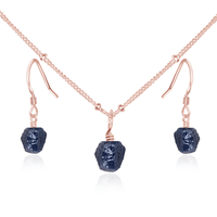 Raw Sapphire Crystal Earrings & Necklace Set - Raw Sapphire Crystal Earrings & Necklace Set - 14k Rose Gold Fill / Satellite - Luna Tide Handmade Crystal Jewellery