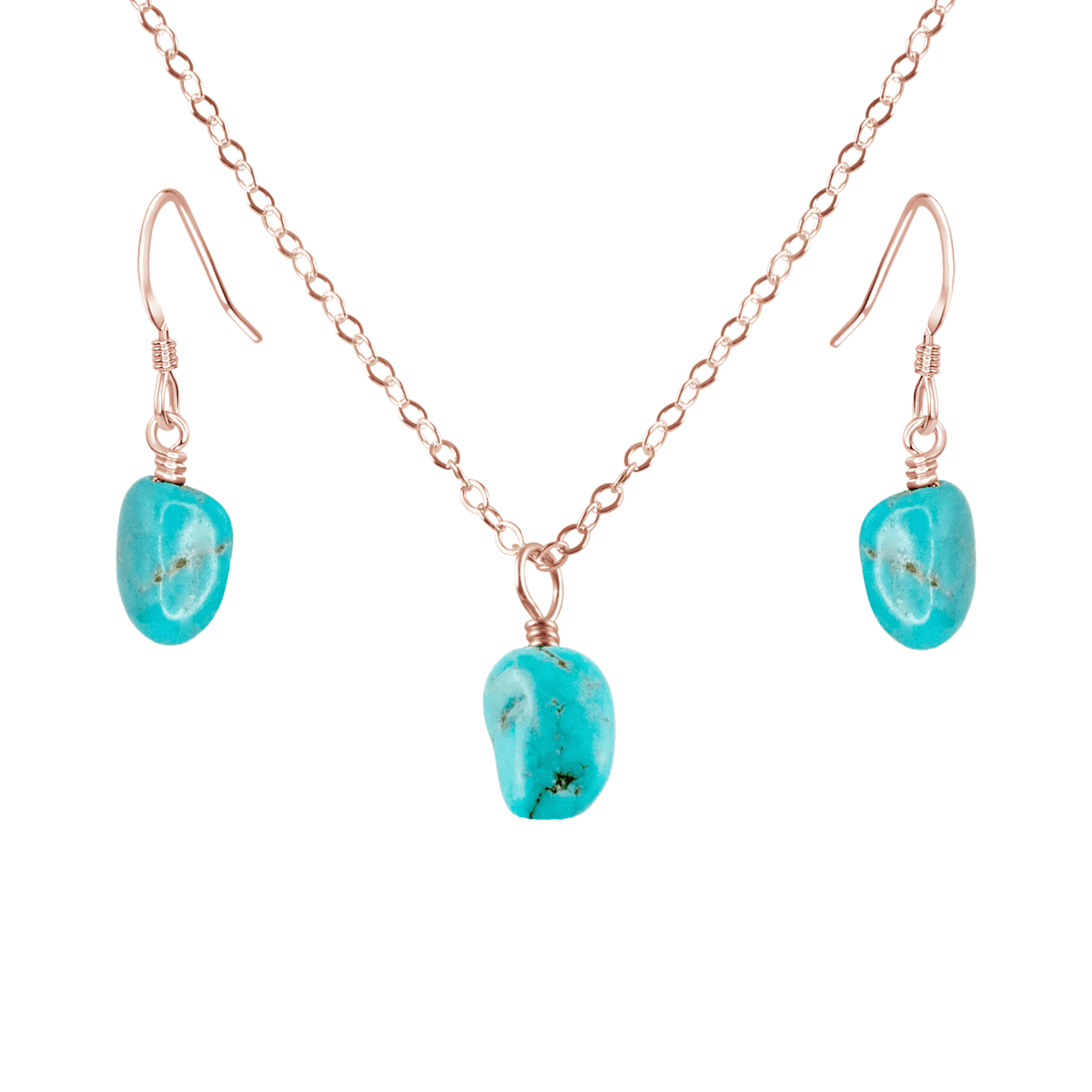 Raw Turquoise Crystal Earrings & Necklace Set - Raw Turquoise Crystal Earrings & Necklace Set - 14k Rose Gold Fill - Luna Tide Handmade Crystal Jewellery