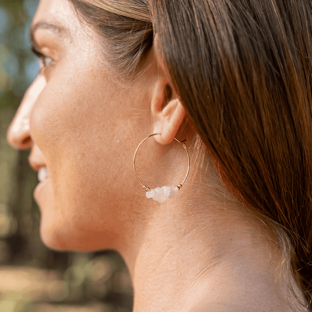 Rose Quartz Crystal Chip Large Hoop Earrings - Rose Quartz Crystal Chip Large Hoop Earrings - 14k Gold Fill - Luna Tide Handmade Crystal Jewellery