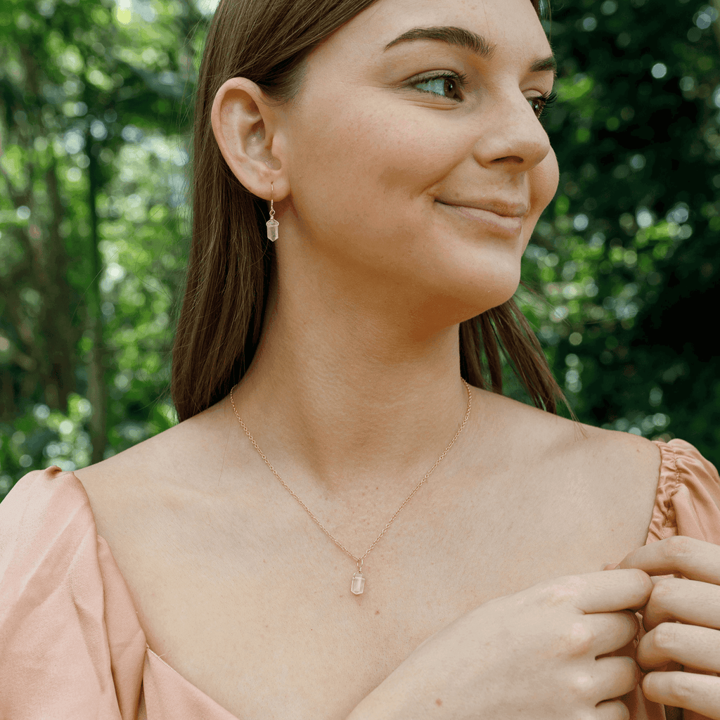Rose Quartz Mini Double Terminated Crystal Point Earrings & Necklace Set - Rose Quartz Mini Double Terminated Crystal Point Earrings & Necklace Set - 14k Gold Fill - Luna Tide Handmade Crystal Jewellery