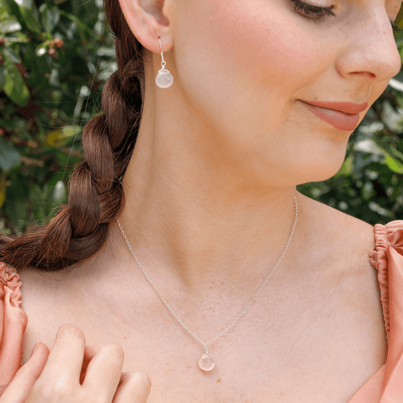 Rose Quartz Tiny Teardrop Earrings & Necklace Set - Rose Quartz Tiny Teardrop Earrings & Necklace Set - Sterling Silver / Cable - Luna Tide Handmade Crystal Jewellery