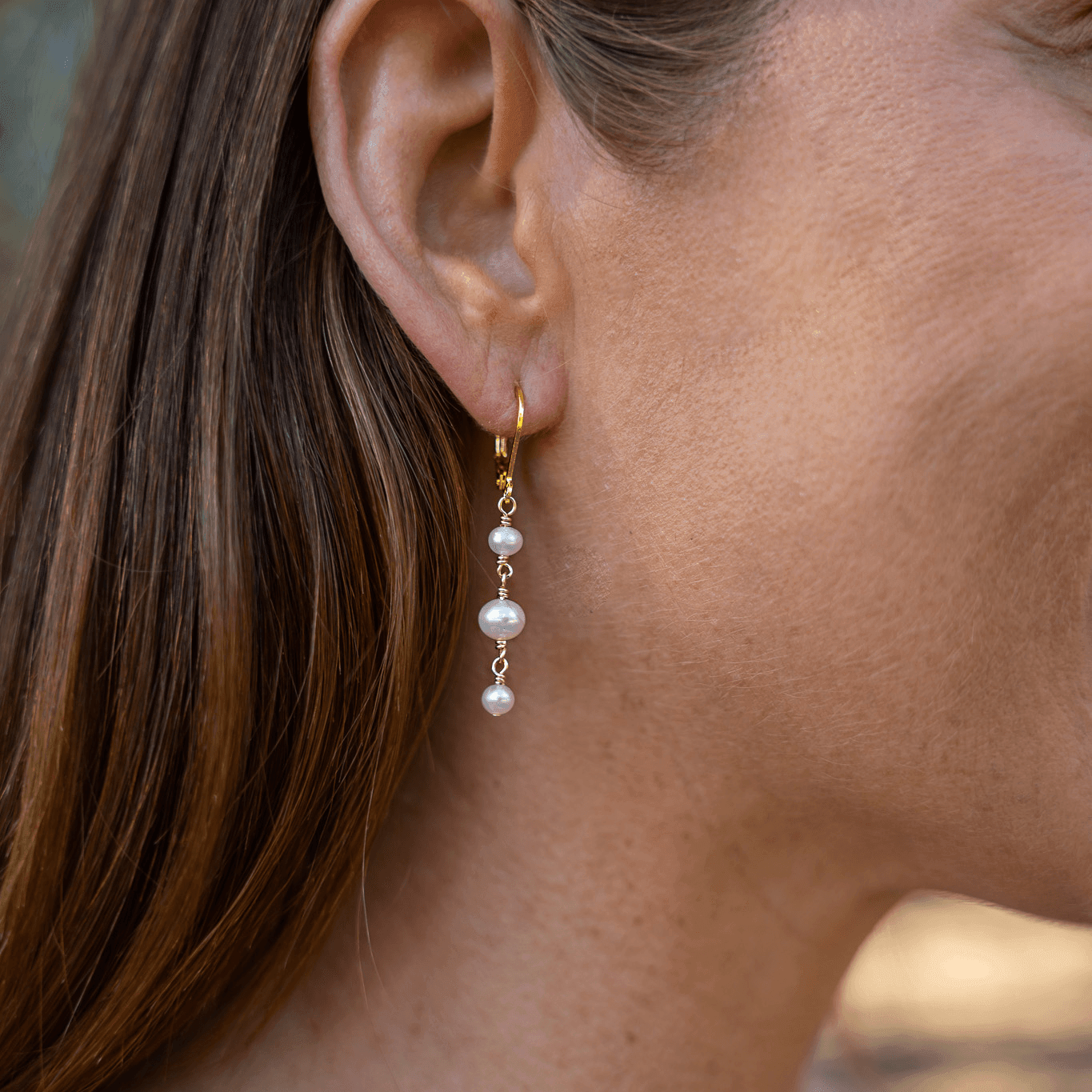 White Freshwater Pearl Crystal Beaded Chain Dangle Leverback Earrings - White Freshwater Pearl Crystal Beaded Chain Dangle Leverback Earrings - 14k Gold Fill - Luna Tide Handmade Crystal Jewellery