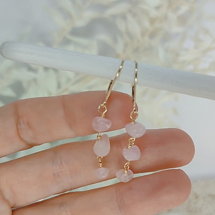 Rose Quartz Crystal Beaded Chain Dangle Leverback Earrings