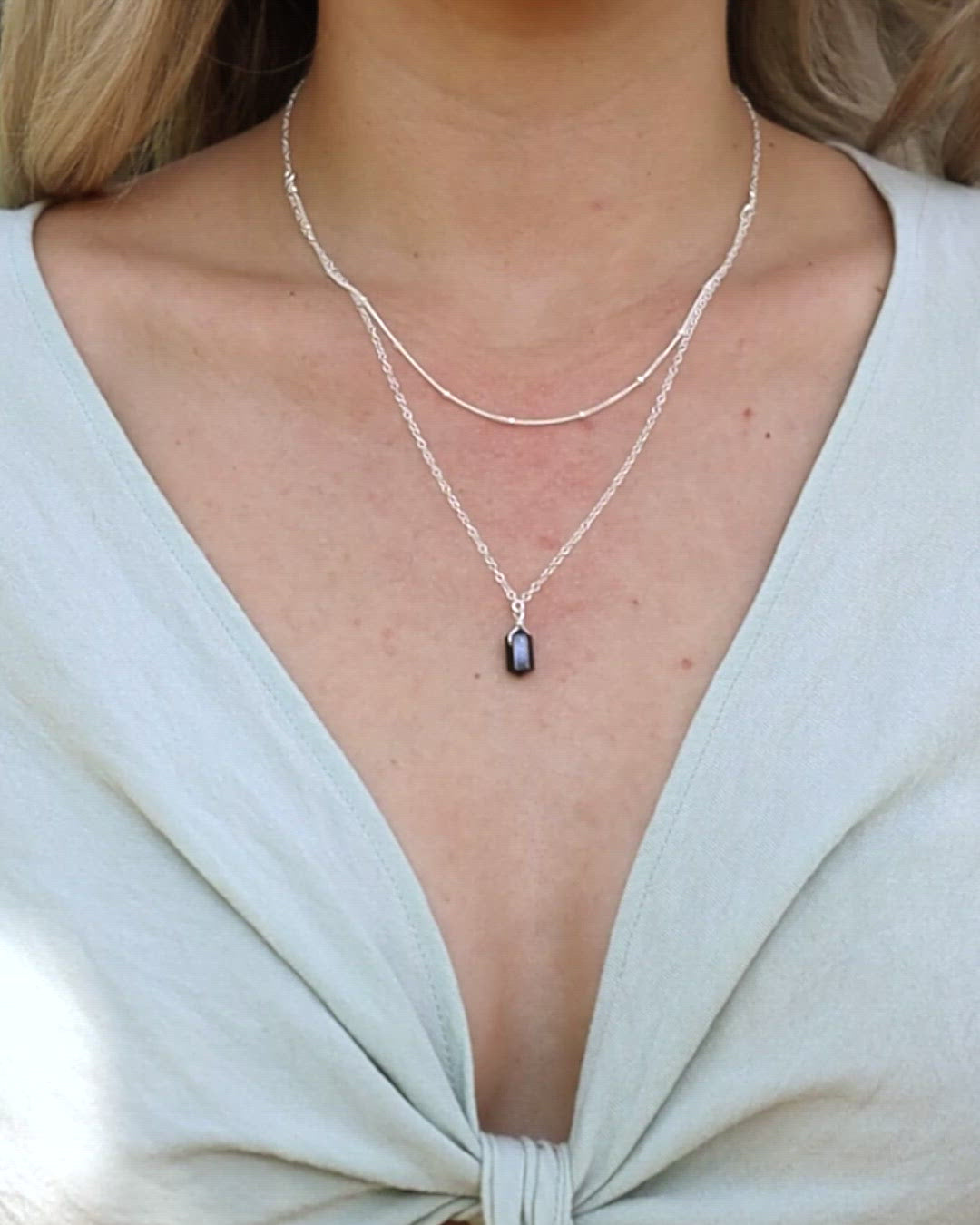 Black Tourmaline Double Terminated Crystal Chain Layered Choker Necklace