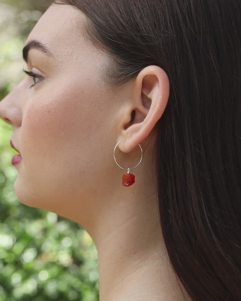 Raw Carnelian Gemstone Dangle Hoop Earrings