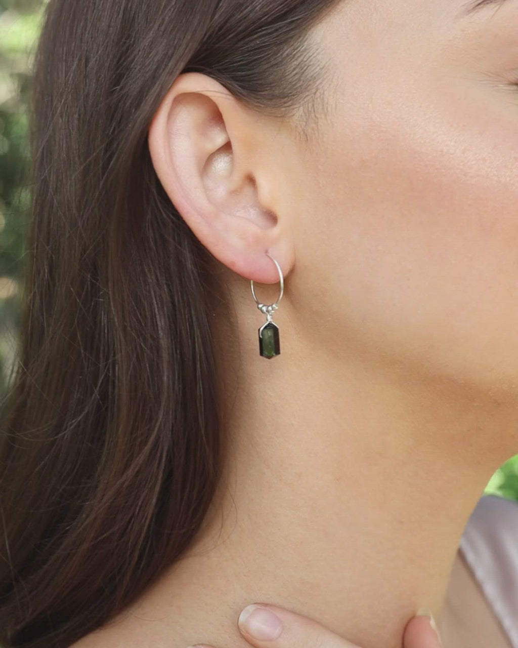 Double Terminated Black Tourmaline Mini Crystal Point Dangle Hoop Earrings