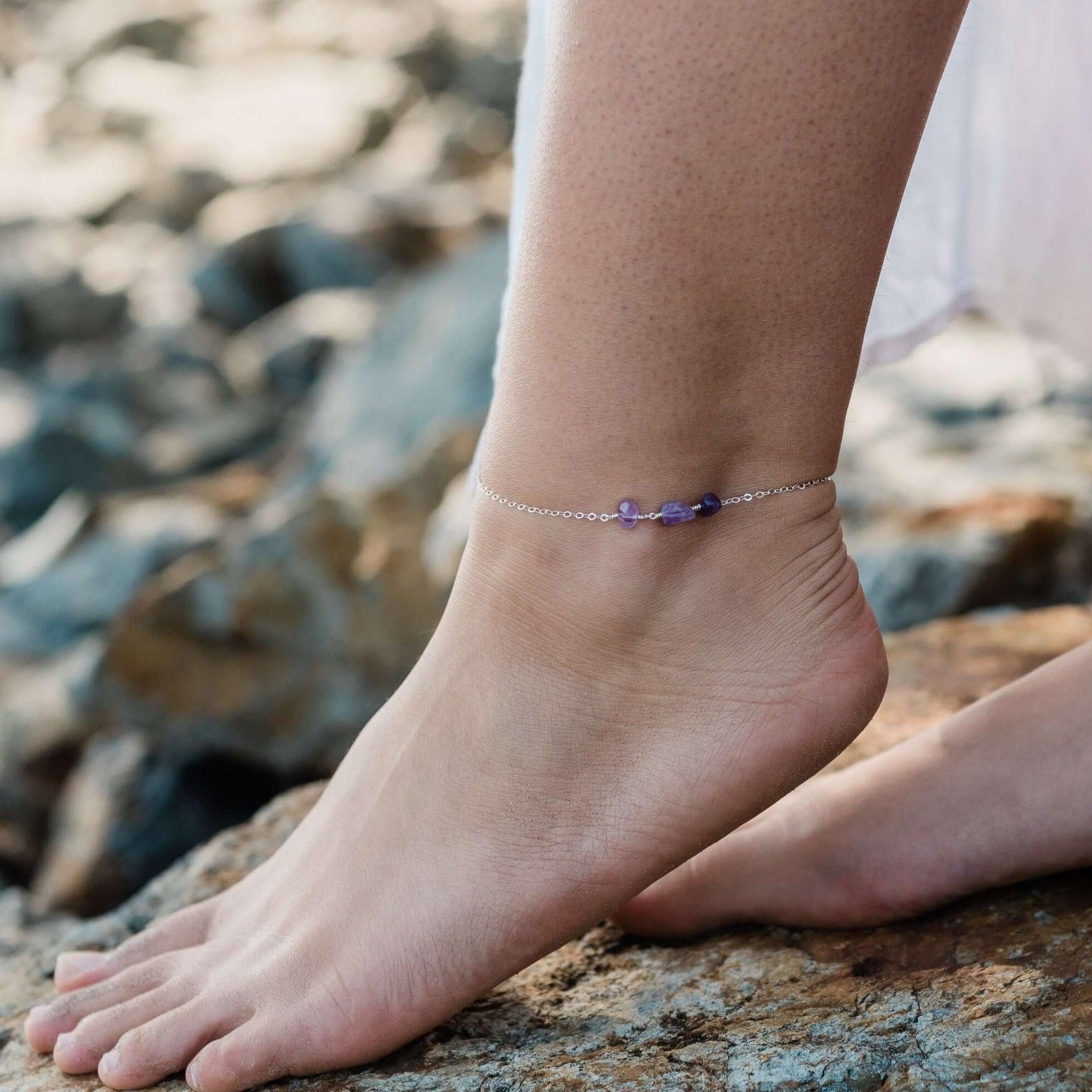 Amethyst Beaded Chain Anklet - Amethyst Beaded Chain Anklet - 14k Gold Fill - Luna Tide Handmade Crystal Jewellery