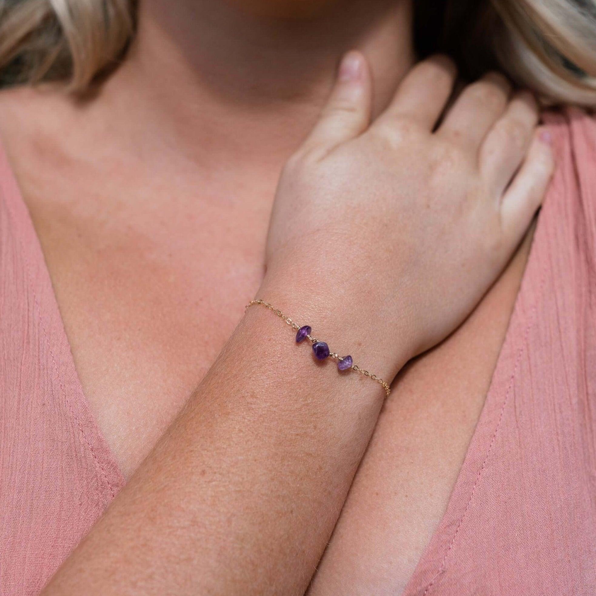 Amethyst Beaded Chain Bracelet - Amethyst Beaded Chain Bracelet - Sterling Silver - Luna Tide Handmade Crystal Jewellery