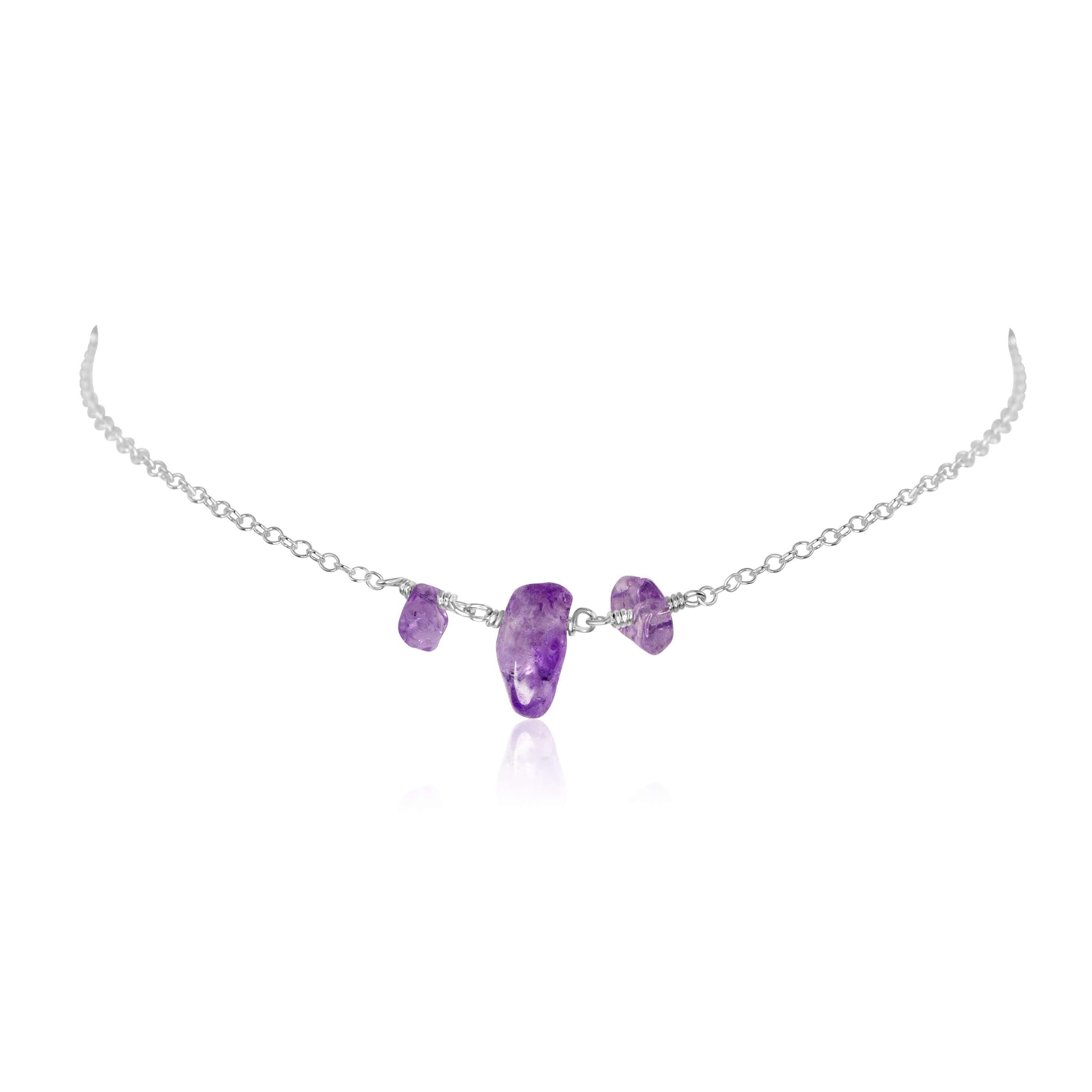 Amethyst Beaded Chain Choker Necklace - Amethyst Beaded Chain Choker Necklace - Sterling Silver - Luna Tide Handmade Crystal Jewellery
