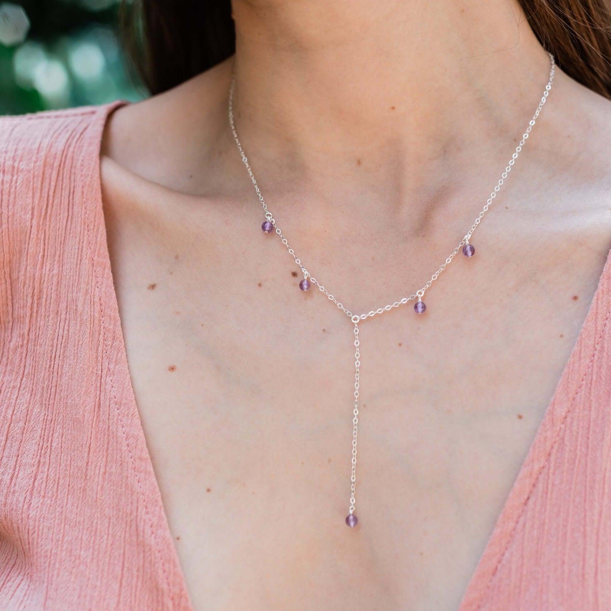 Amethyst Boho Lariat Necklace - Amethyst Boho Lariat Necklace - Sterling Silver - Luna Tide Handmade Crystal Jewellery