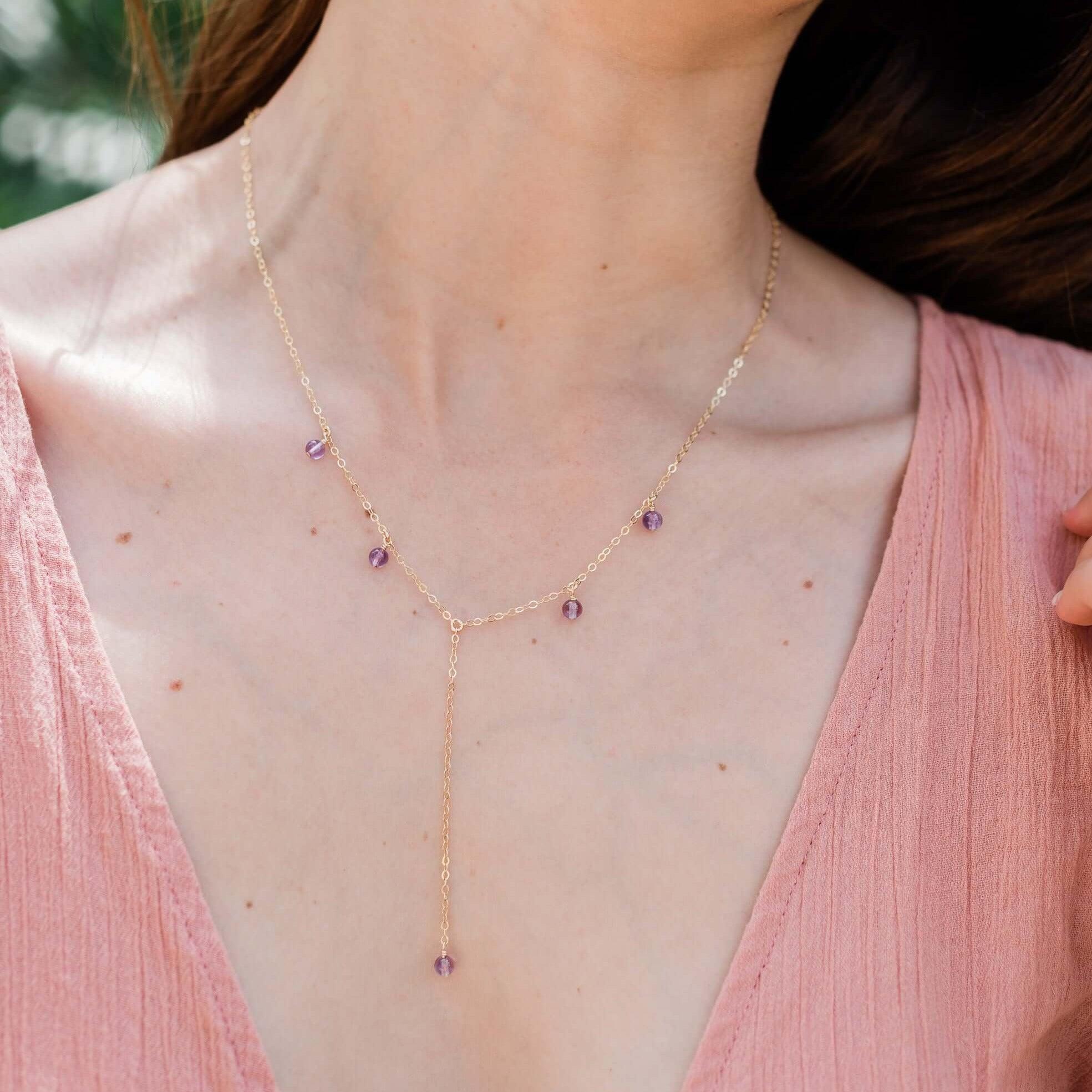 Amethyst Boho Lariat Necklace - Amethyst Boho Lariat Necklace - Sterling Silver - Luna Tide Handmade Crystal Jewellery
