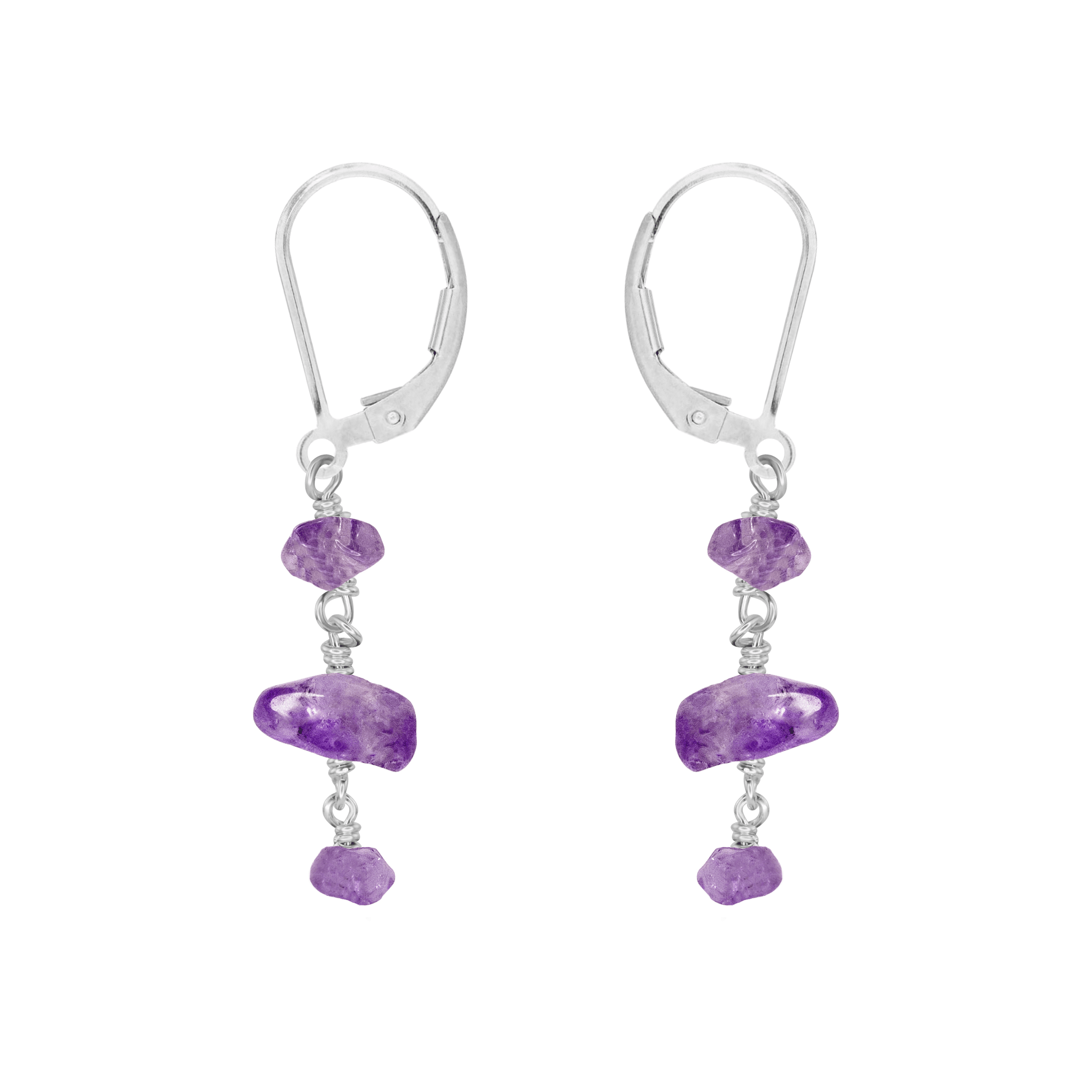 Amethyst Crystal Beaded Chain Dangle Leverback Earrings - Amethyst Crystal Beaded Chain Dangle Leverback Earrings - Sterling Silver - Luna Tide Handmade Crystal Jewellery