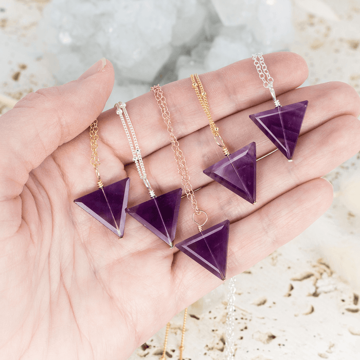 Amethyst Crystal Triangle Necklace - Amethyst Crystal Triangle Necklace - Sterling Silver / Cable - Luna Tide Handmade Crystal Jewellery