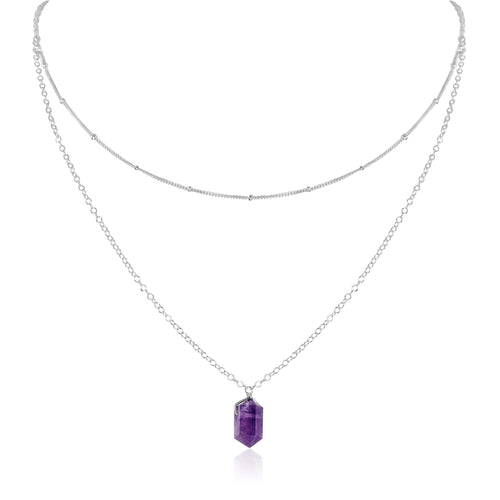 Amethyst Double Terminated Crystal Chain Layered Choker Necklace - Amethyst Double Terminated Crystal Chain Layered Choker Necklace - Sterling Silver - Luna Tide Handmade Crystal Jewellery