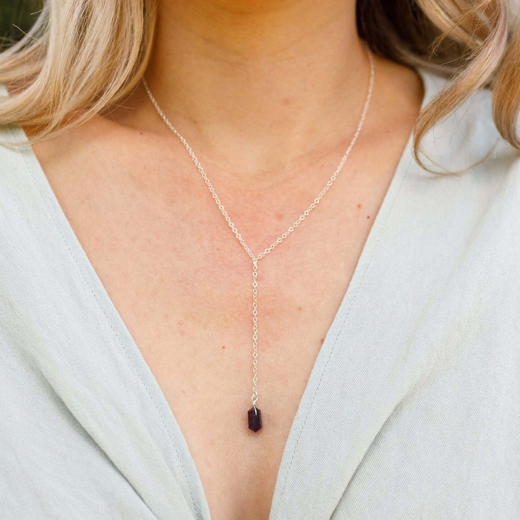 Amethyst Double Terminated Mini Crystal Point Lariat Necklace - Amethyst Double Terminated Mini Crystal Point Lariat Necklace - Sterling Silver - Luna Tide Handmade Crystal Jewellery