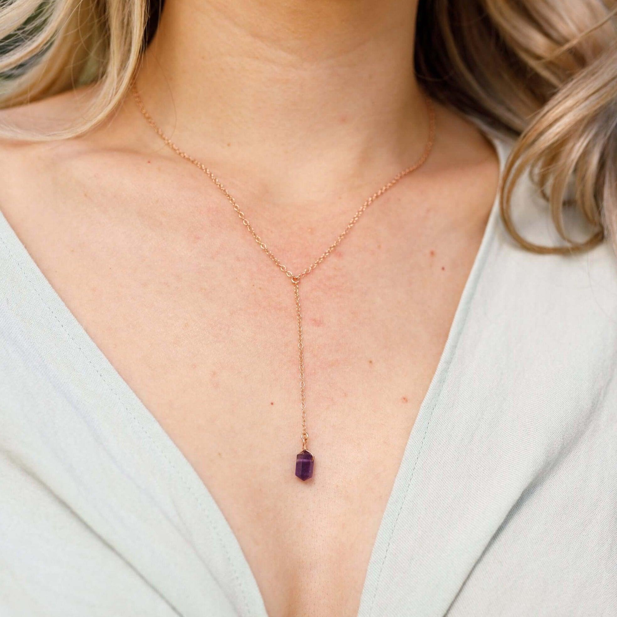 Amethyst Double Terminated Mini Crystal Point Lariat Necklace - Amethyst Double Terminated Mini Crystal Point Lariat Necklace - Sterling Silver - Luna Tide Handmade Crystal Jewellery