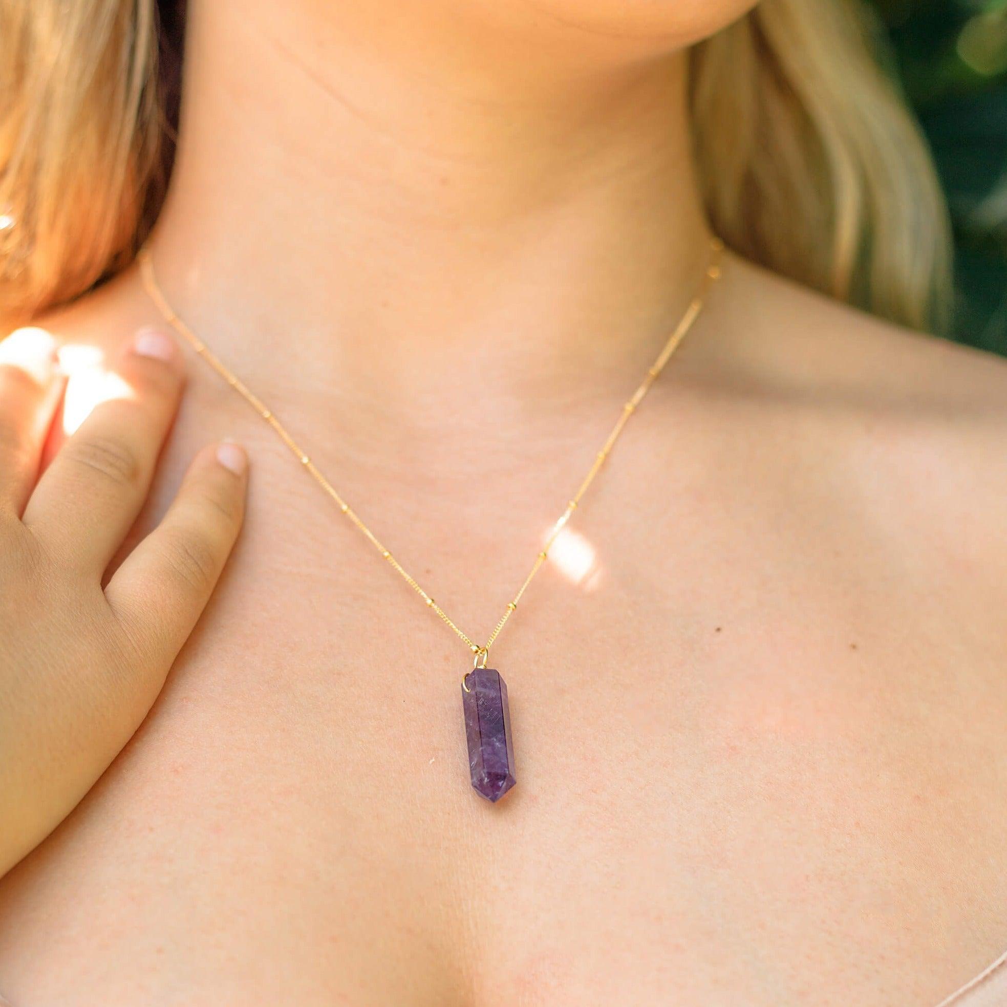 Amethyst Gemstone Generator Tower Point Pendant Necklace - Amethyst Gemstone Generator Tower Point Pendant Necklace - Sterling Silver / Satellite - Luna Tide Handmade Crystal Jewellery