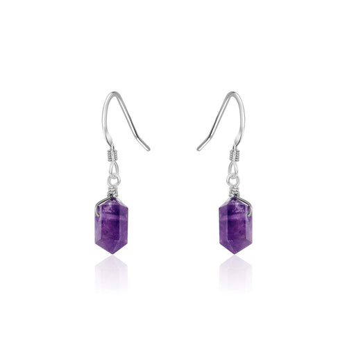 Amethyst Mini Double Terminated Crystal Point Dangle Drop Earrings - Amethyst Mini Double Terminated Crystal Point Dangle Drop Earrings - Sterling Silver - Luna Tide Handmade Crystal Jewellery