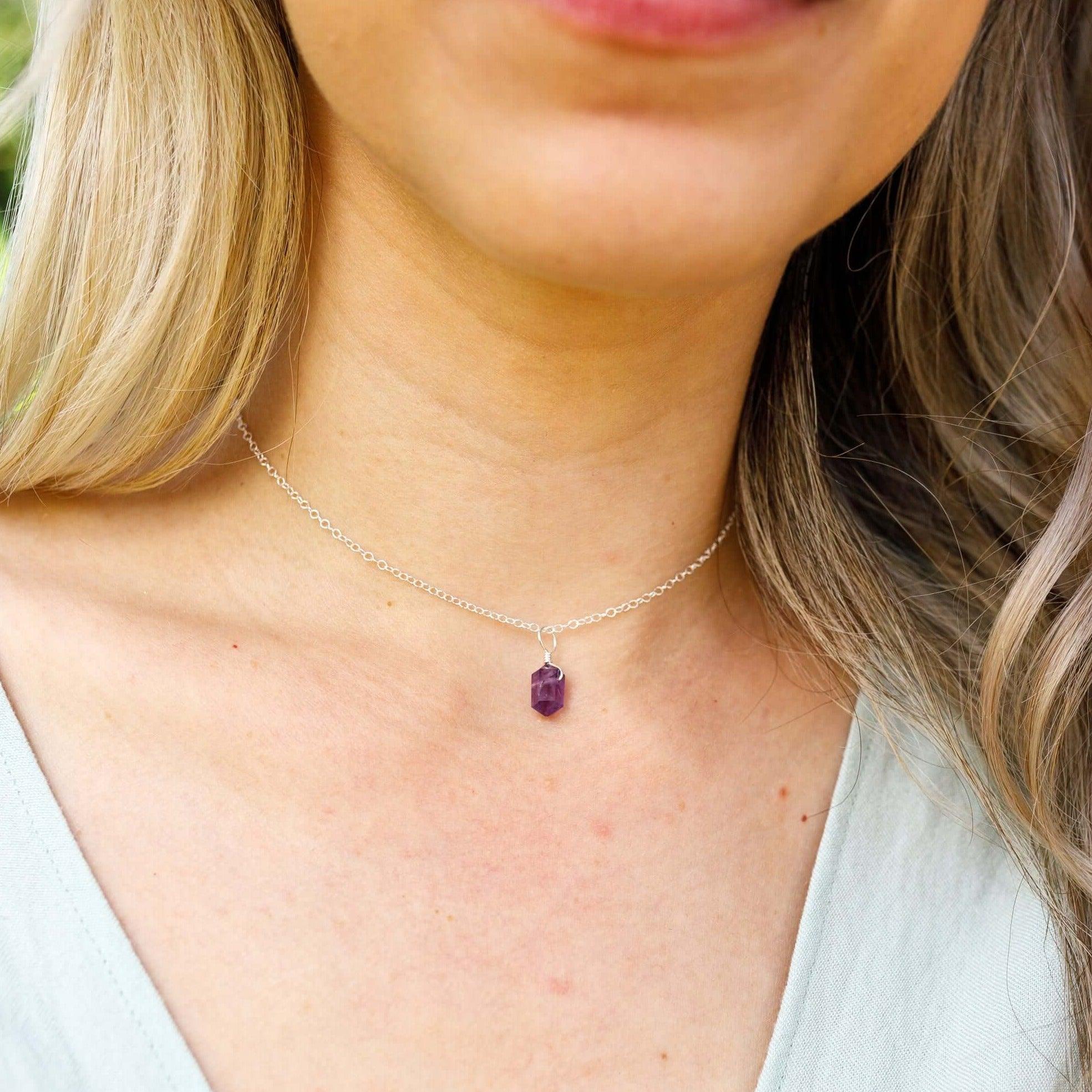 Amethyst Mini Double Terminated Crystal Point Pendant Choker Necklace - Amethyst Mini Double Terminated Crystal Point Pendant Choker Necklace - 14k Gold Fill / Cable - Luna Tide Handmade Crystal Jewellery