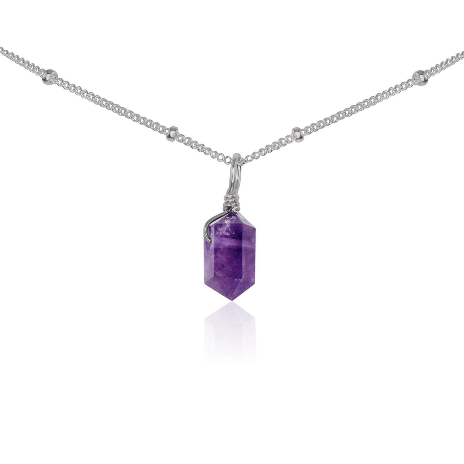 Amethyst Mini Double Terminated Crystal Point Pendant Choker Necklace - Amethyst Mini Double Terminated Crystal Point Pendant Choker Necklace - Stainless Steel / Satellite - Luna Tide Handmade Crystal Jewellery