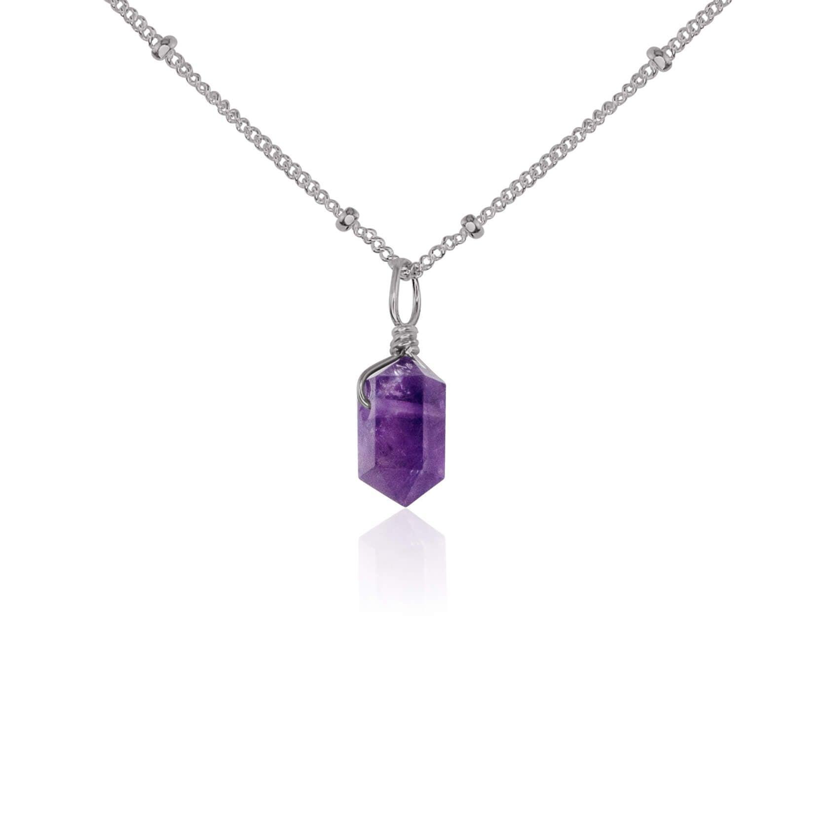 Amethyst Mini Double Terminated Crystal Point Pendant Necklace - Amethyst Mini Double Terminated Crystal Point Pendant Necklace - Stainless Steel / Satellite - Luna Tide Handmade Crystal Jewellery
