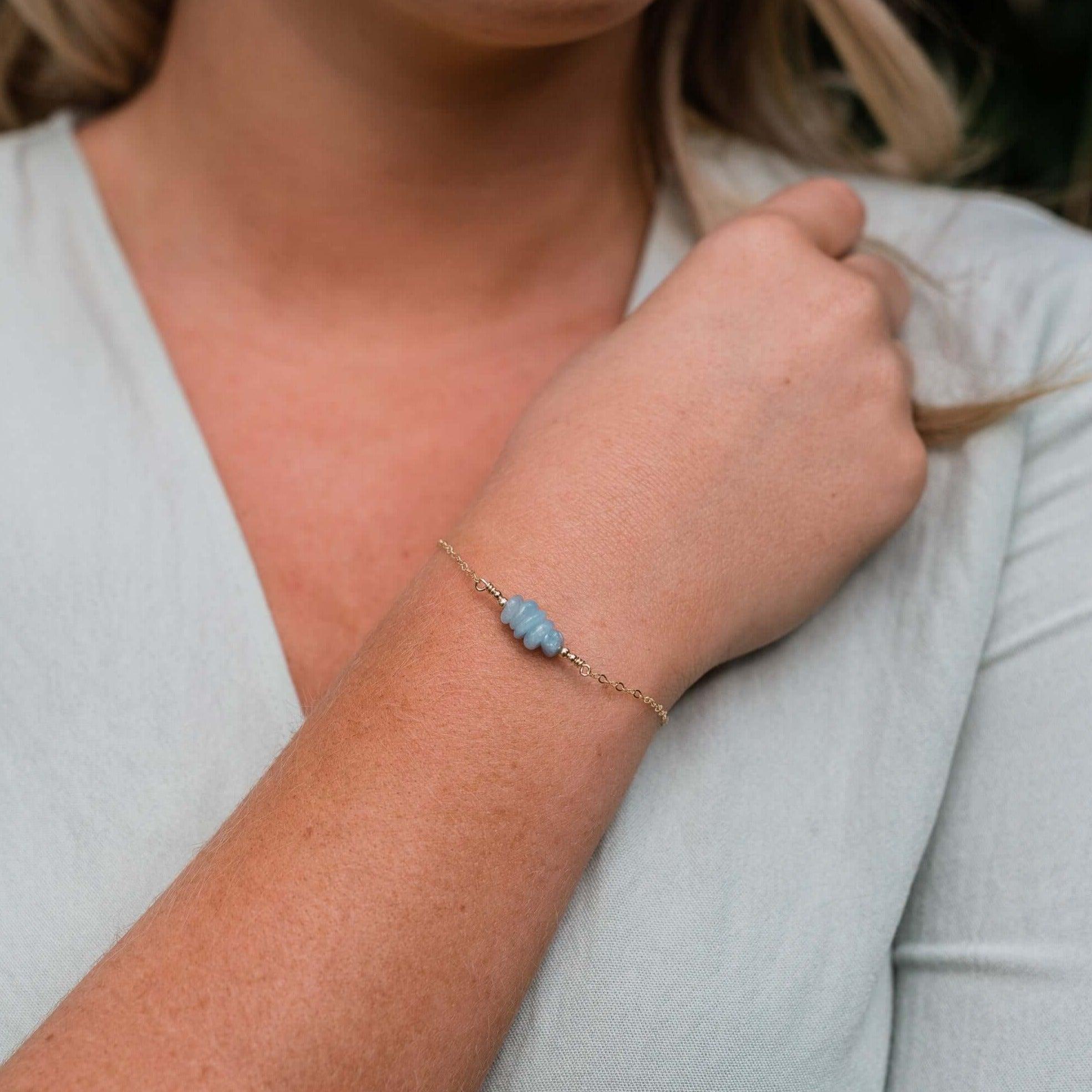 Aquamarine Chip Bead Bar Bracelet - Aquamarine Chip Bead Bar Bracelet - Sterling Silver - Luna Tide Handmade Crystal Jewellery