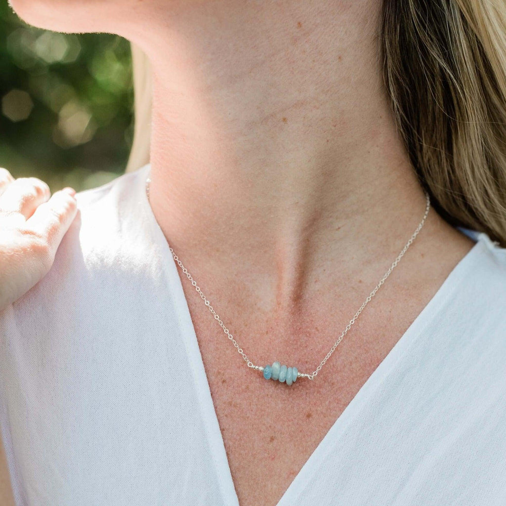 Aquamarine Chip Bead Bar Necklace - Aquamarine Chip Bead Bar Necklace - 14k Gold Fill - Luna Tide Handmade Crystal Jewellery