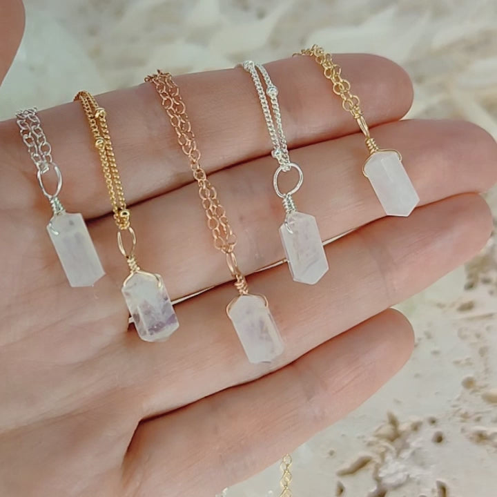 Mini Double Terminated Rainbow Moonstone Crystal Point Pendant Necklace