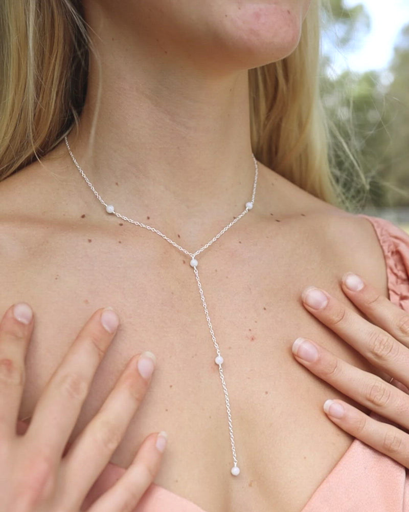 Dainty White Moonstone Gemstone Lariat Necklace