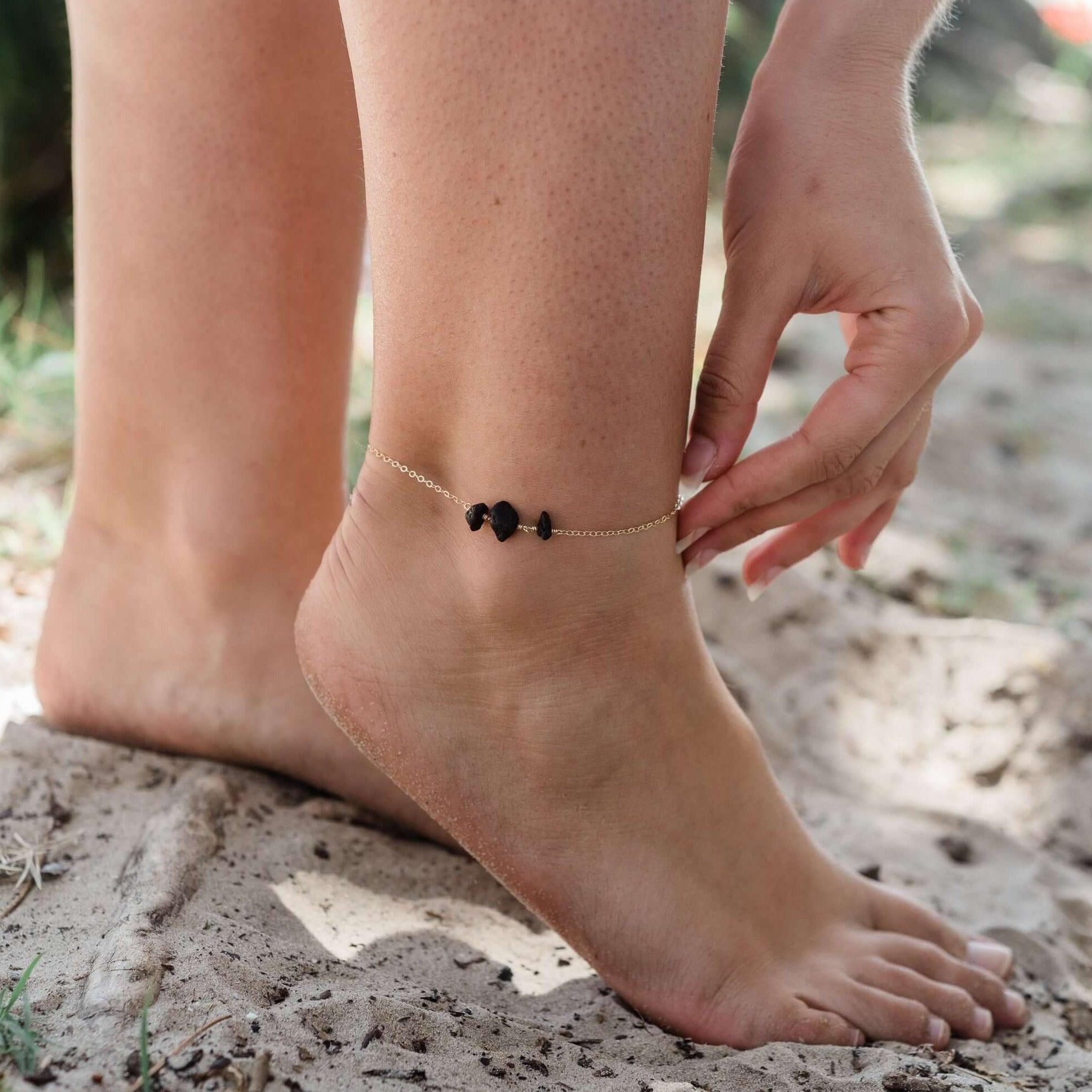 Black Onyx Beaded Chain Anklet - Black Onyx Beaded Chain Anklet - 14k Gold Fill - Luna Tide Handmade Crystal Jewellery