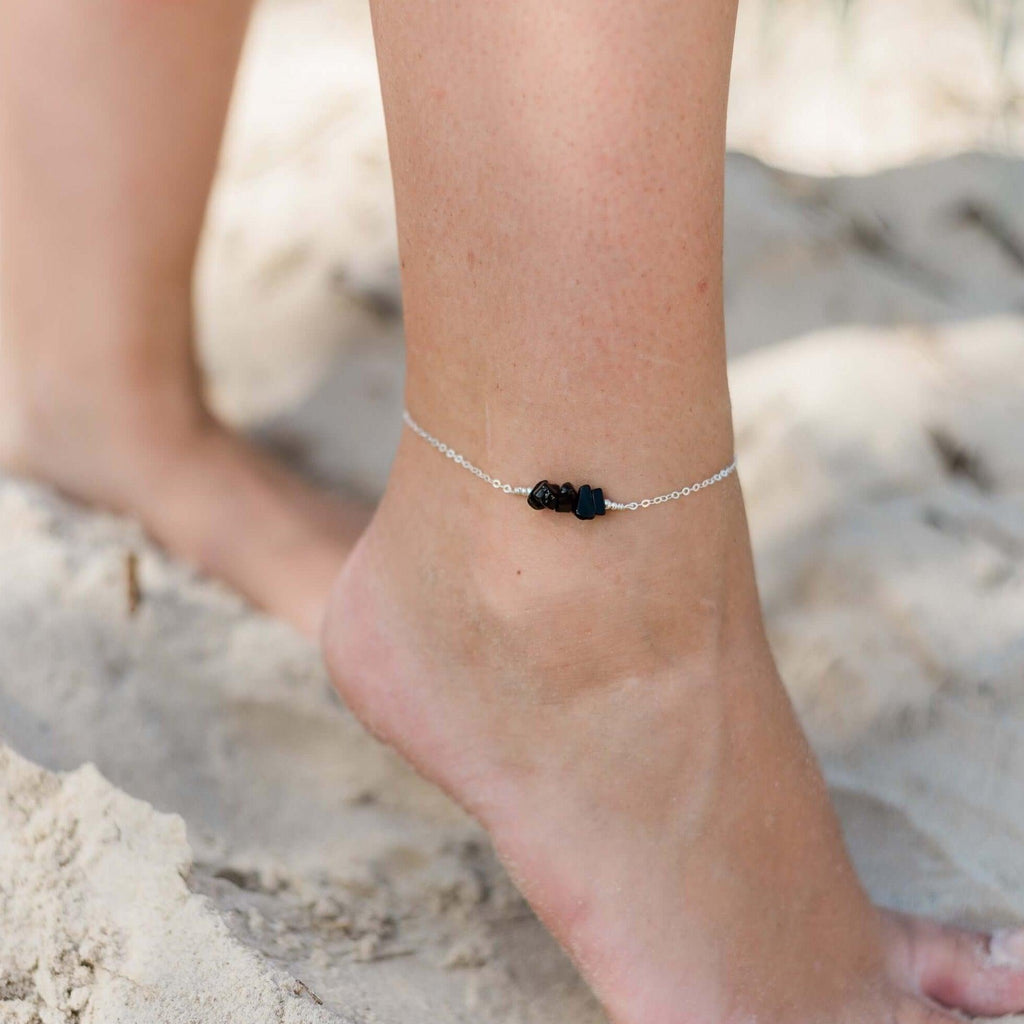 Black onyx Chip Bead Bar Anklet - Black onyx Chip Bead Bar Anklet - Sterling Silver - Luna Tide Handmade Crystal Jewellery