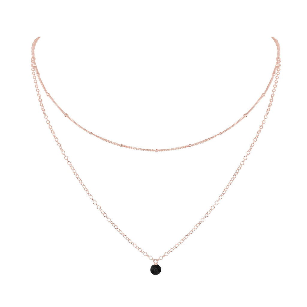 Black Onyx Gemstone Chain Layered Choker Necklace - Black Onyx Gemstone Chain Layered Choker Necklace - 14k Rose Gold Fill - Luna Tide Handmade Crystal Jewellery