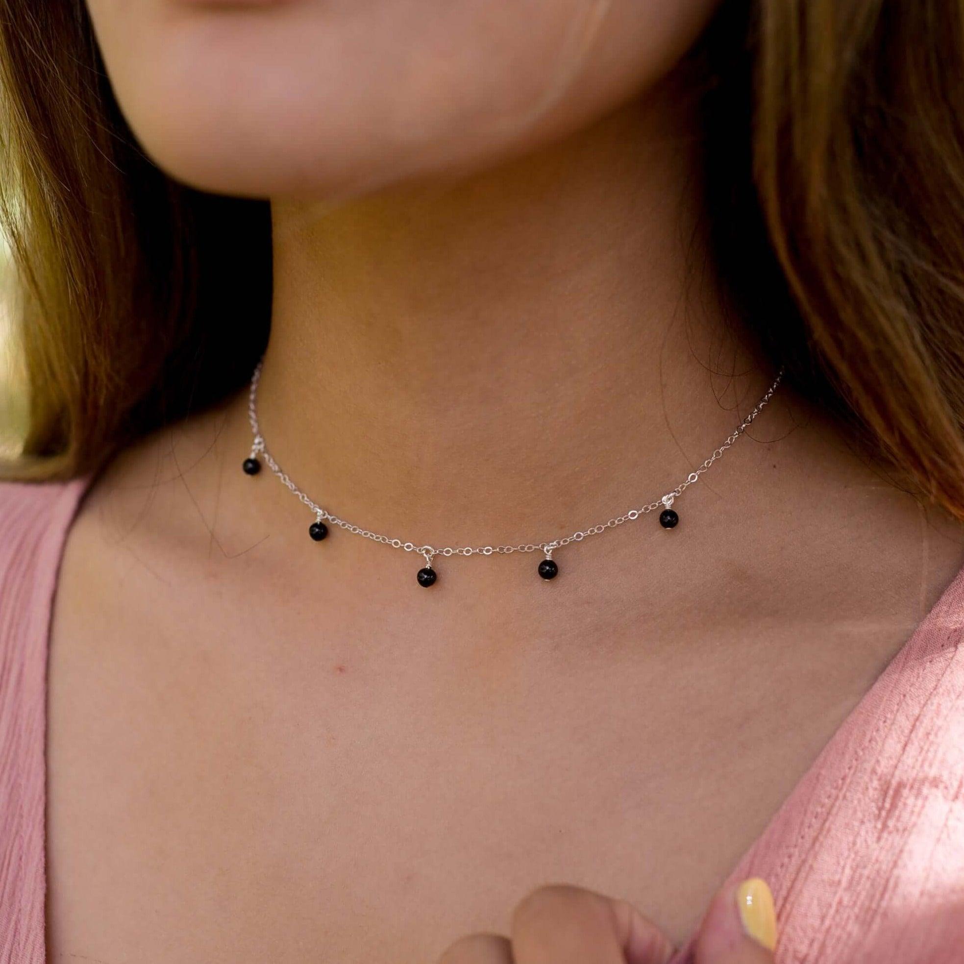 Black Tourmaline Bead Drop Choker - Black Tourmaline Bead Drop Choker - Sterling Silver - Luna Tide Handmade Crystal Jewellery