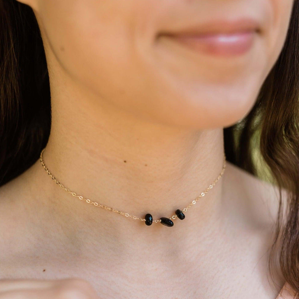 Black Tourmaline Beaded Chain Choker Necklace - Black Tourmaline Beaded Chain Choker Necklace - Sterling Silver - Luna Tide Handmade Crystal Jewellery
