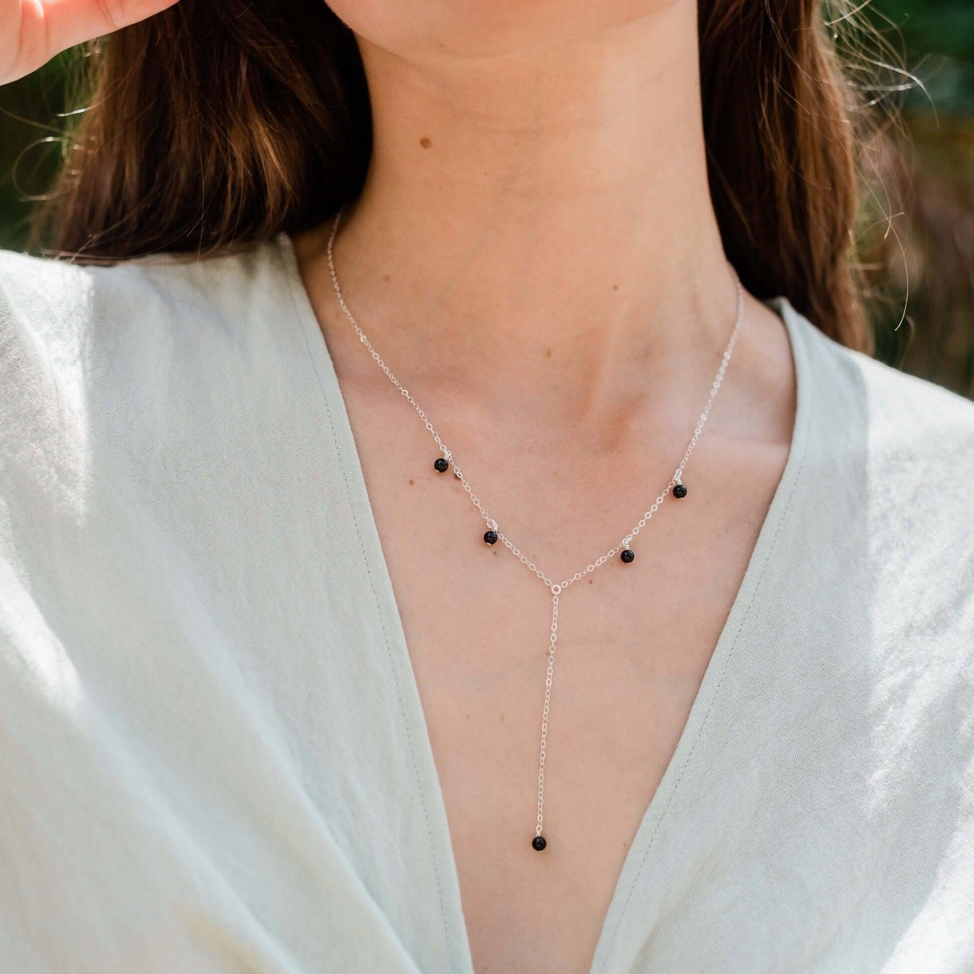 Black Tourmaline Boho Lariat Necklace - Black Tourmaline Boho Lariat Necklace - 14k Gold Fill - Luna Tide Handmade Crystal Jewellery