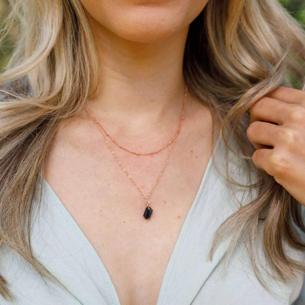 Black Tourmaline Double Terminated Crystal Chain Layered Choker Necklace - Black Tourmaline Double Terminated Crystal Chain Layered Choker Necklace - Sterling Silver - Luna Tide Handmade Crystal Jewellery