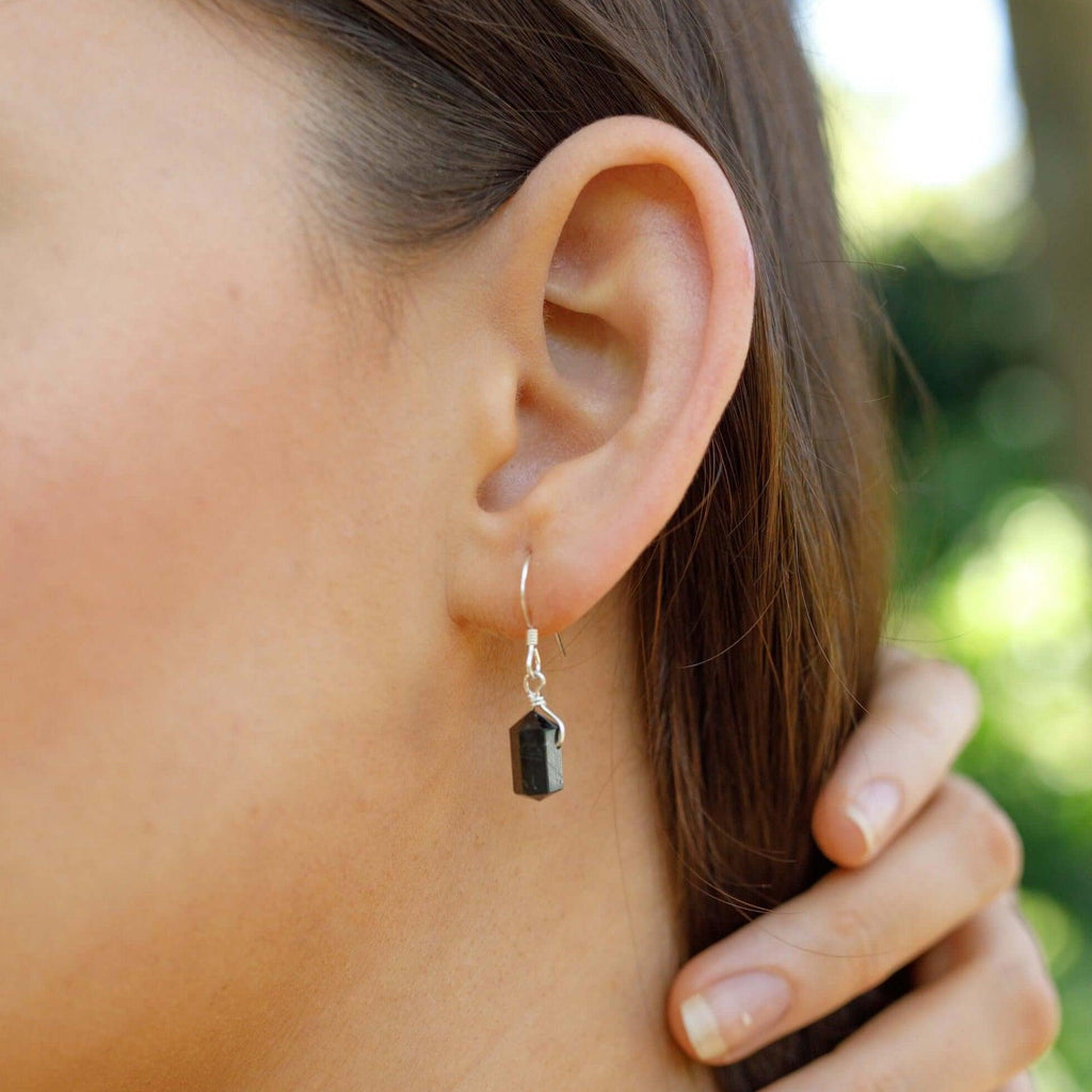 Black Tourmaline Mini Double Terminated Crystal Point Dangle Drop Earrings - Black Tourmaline Mini Double Terminated Crystal Point Dangle Drop Earrings - Sterling Silver - Luna Tide Handmade Crystal Jewellery