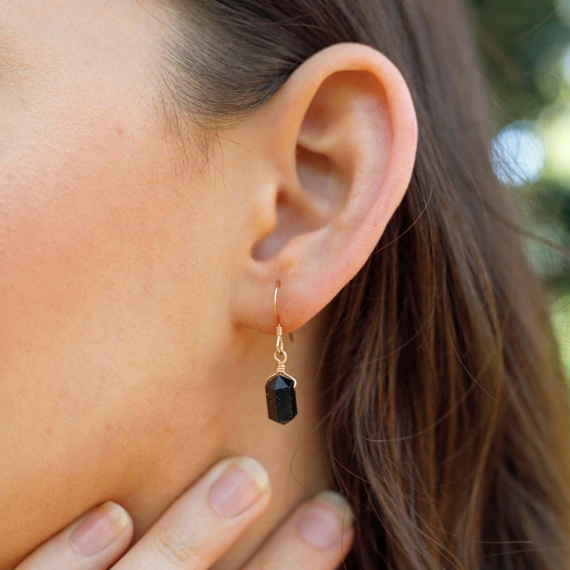 Black Tourmaline Mini Double Terminated Crystal Point Dangle Drop Earrings - Black Tourmaline Mini Double Terminated Crystal Point Dangle Drop Earrings - Sterling Silver - Luna Tide Handmade Crystal Jewellery